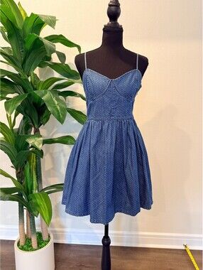 Free People Polka Dot Denim Bustier Mini Fit & Flare Dress Size Small